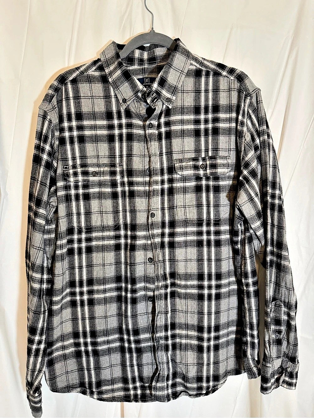 George Men's Long Sleeve Flannel Shirt Plaid Gray & Black XL